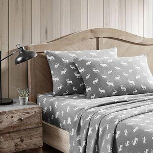 New Eddie Bauer Full Flannel Sheet Set Elk Grove Gray 4 Pcs Oeko-Tex Cabincore
